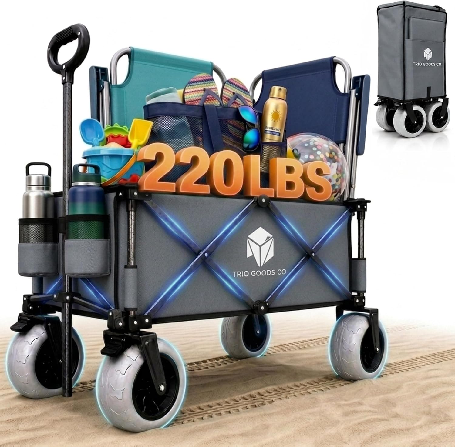 Beach Wagon with Big Wheels for Sand - Foldable Beach Cart 220-lb Capacity (Gray)