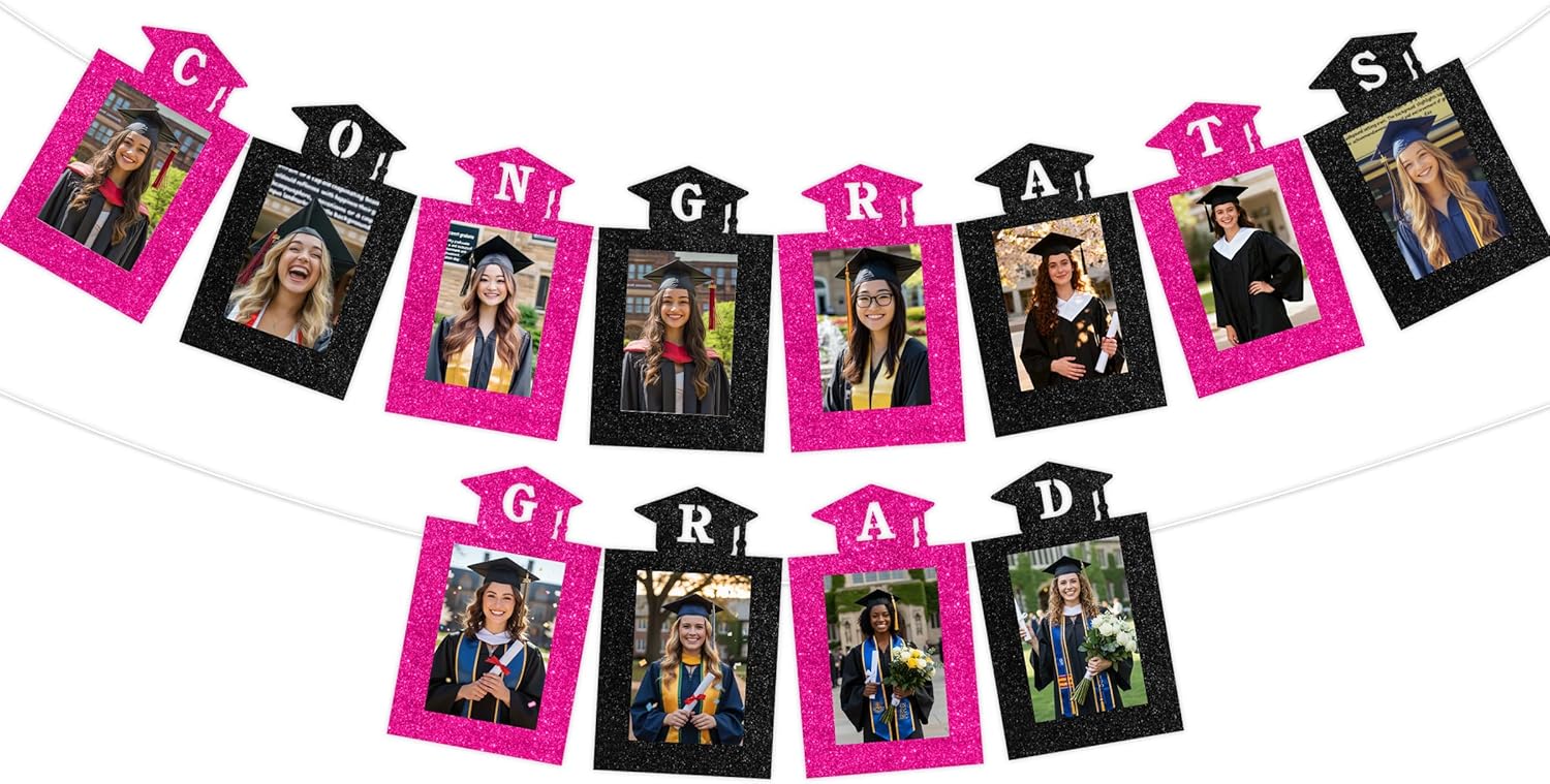 Hot Pink Graduation Photo Banner Glitter Congrats Grad Photo Cards Banner Pink and Black Bachelor Cap DIY Picture Hanging Decor Grad Photos Props for Girls Graduation Party Supplies