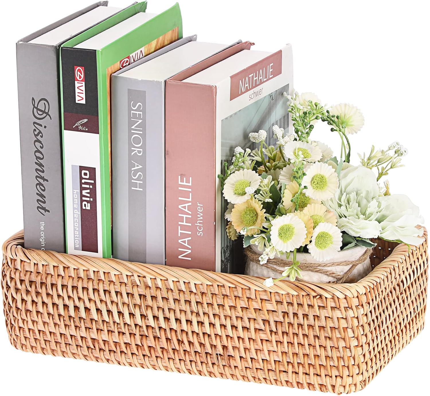 Hipiwe Natural Rattan Basket Bin for Shelf Entraway Bathroom Organizing | Handwoven Wicker Storage Baskets, Decorative Basket Fruit Serving Tray, Toilet Tank Paper Baskets 12.1''x7.1''x3.4''