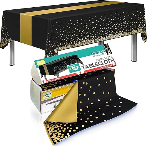 Mantel de plástico negro y dorado de 54 x 100 pies con caja de corte integrada, funda de mesa para fiestas, picnic, eventos de catering, manteles