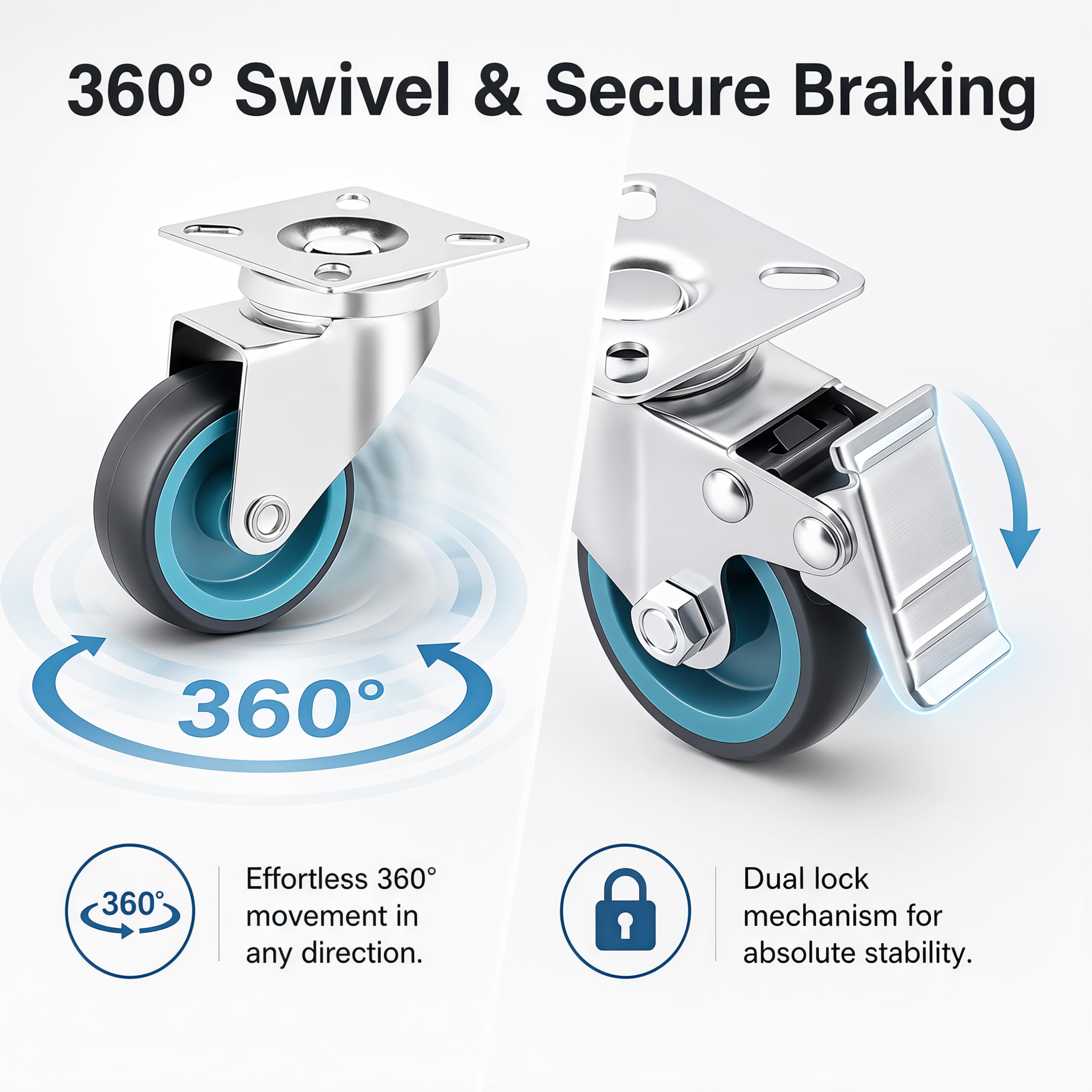 12er-Set Lenkrollen 50 mm – 6 Rollen mit Bremse + 6 ohne, Schwerlast TPR Lenkrollen für Möbel, Rollwagen, Schränke, Pflanzenständer – 50 kg Tragkraft pro Rolle