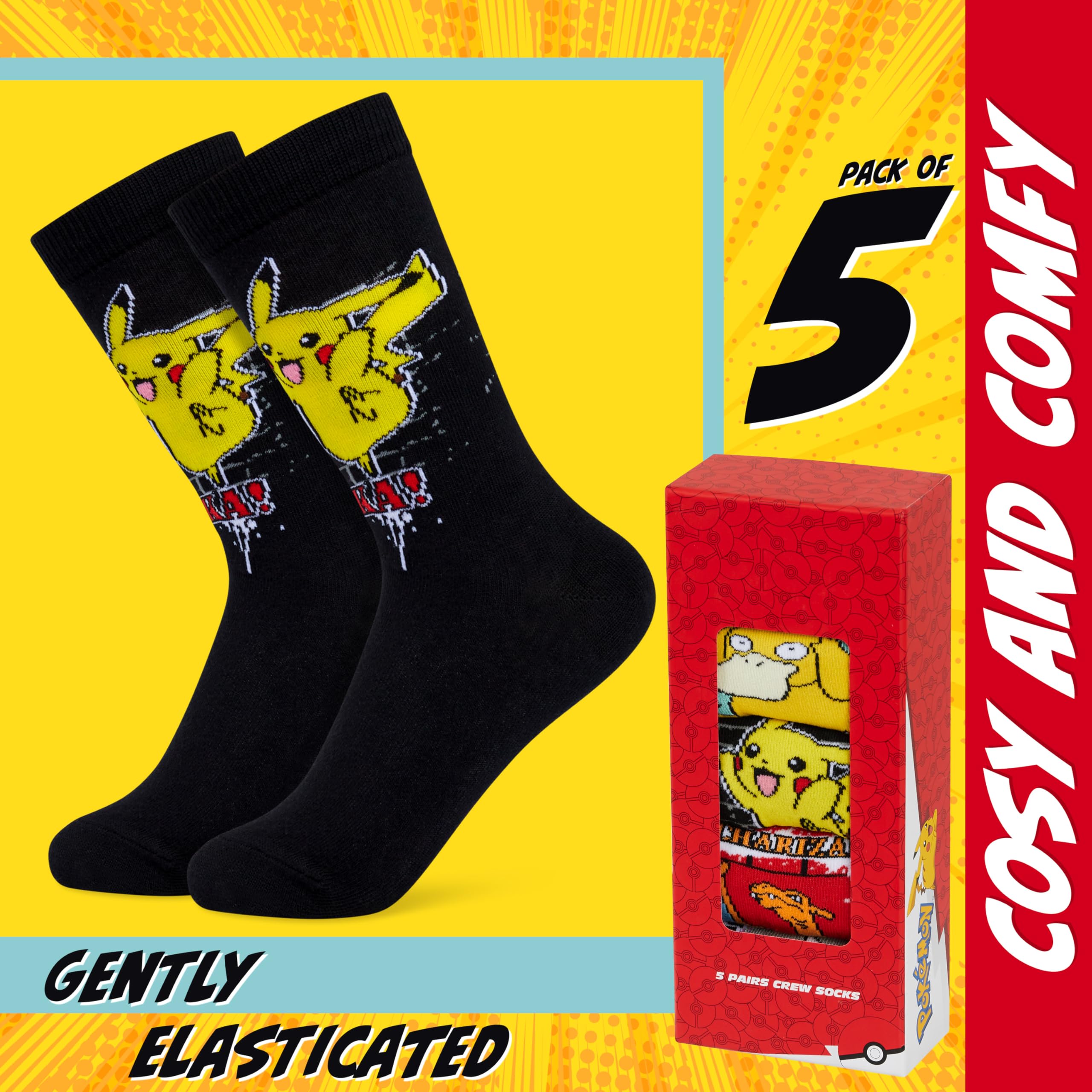 Pokémon Chaussettes Garçon, Lot de 5 Paires Douces et Respirantes - Cadeau Enfant