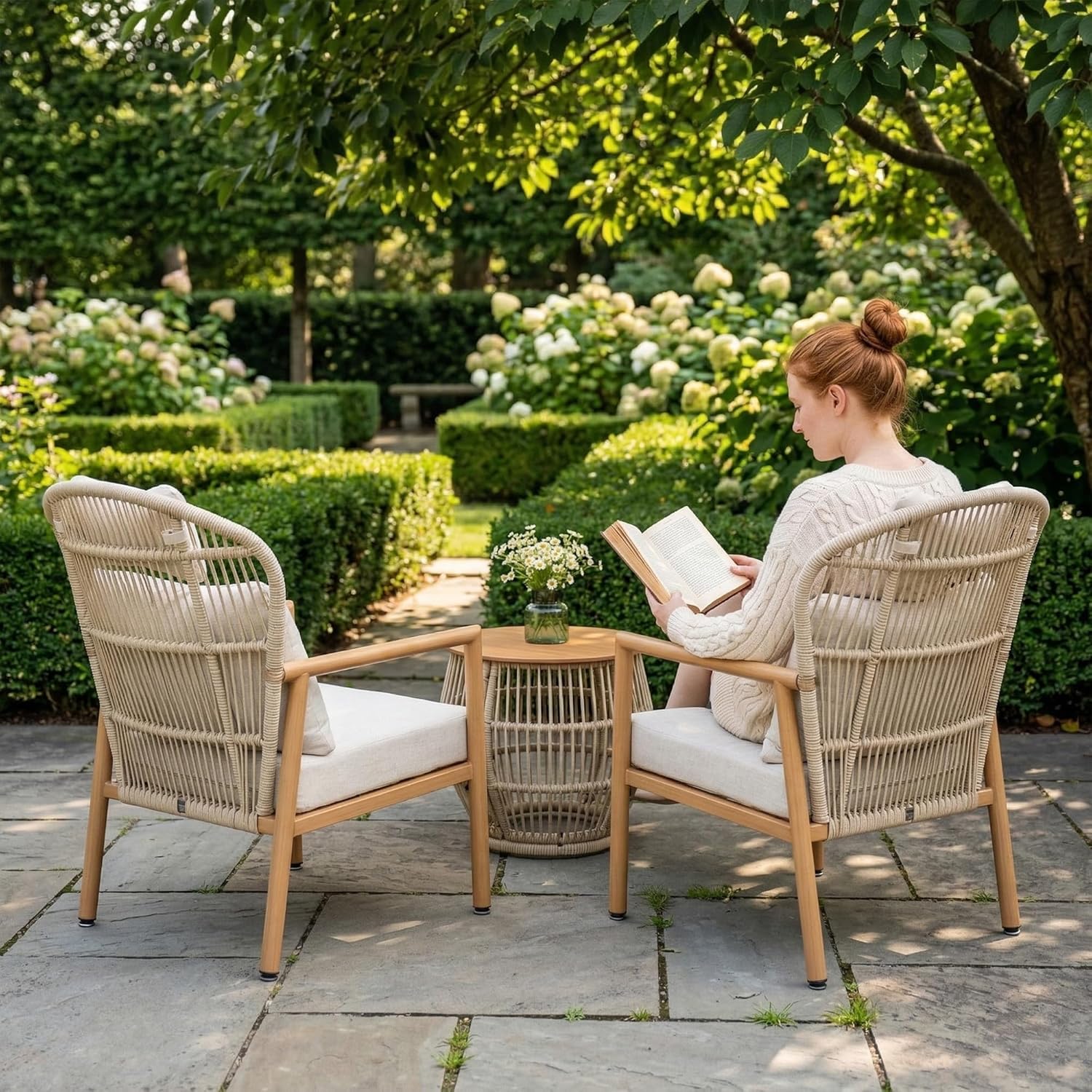 3 Piece Patio Bistro Set, Round Bistro Table and Chairs Set of 2, Rattan Patio Bistro Sets Meatl Patio Lounge Chairs and Coffee Table, Modern Outdoor Furniture for Balcony/Deck, Beige