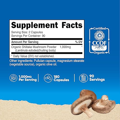 Miniatura 2 de Nutricost Cápsulas orgánicas de hongos Shiitake de 1000 mg, 90 porciones Certificado CCOF fabricado con orgánico, vegetariano, sin gluten, 500 mg