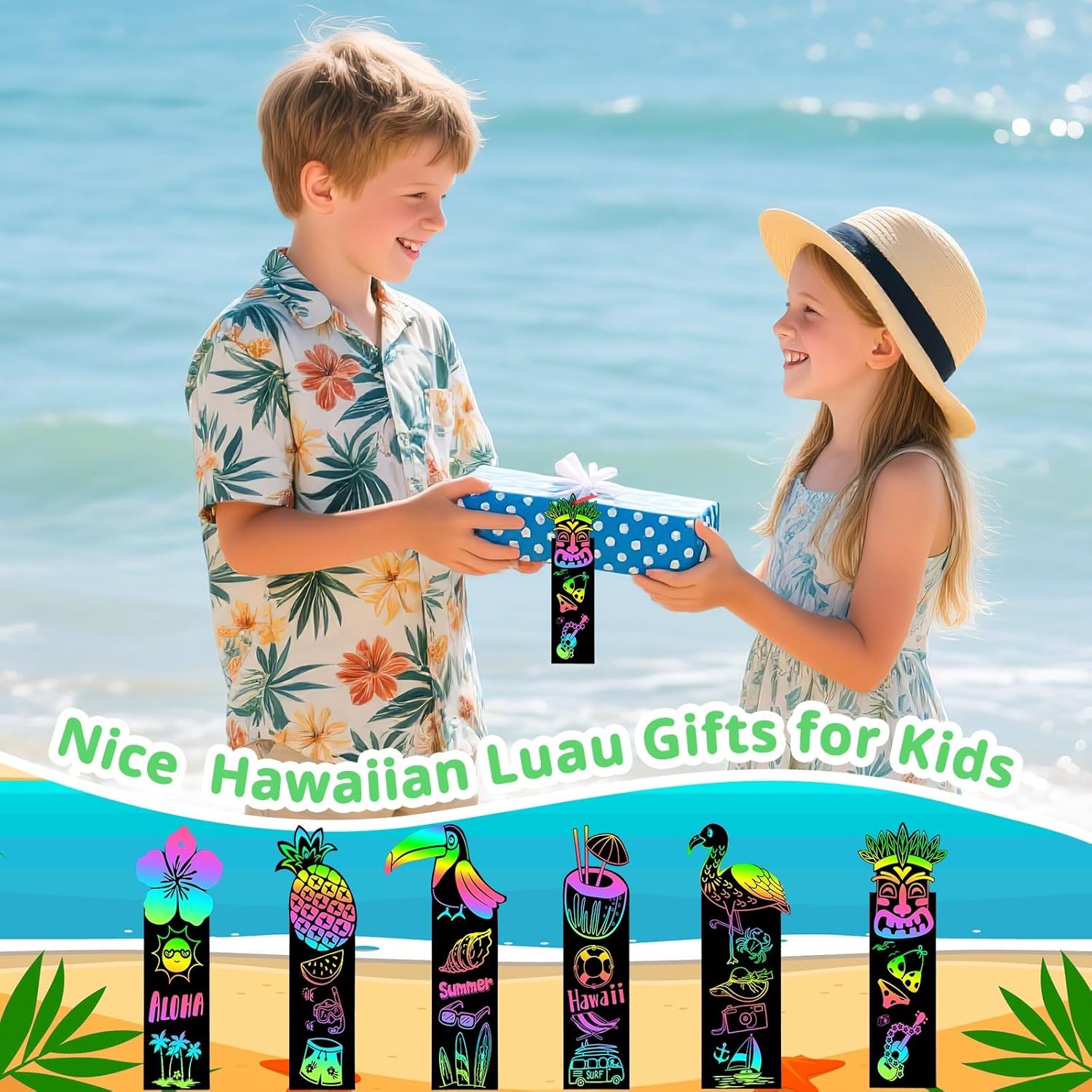 AUGSUN 96Pcs Luau Crafts, Magic Rainbow Scratch Art Luau Bookmarks Hawaiian Luau Party Favors Games Activities Summer Arts and Crafts