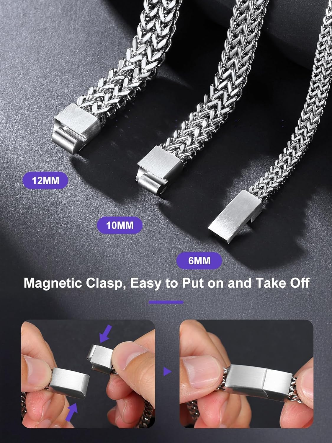 Richsteel Bracelets for Men 6mm/10mm/12mm Width Stainless Steel With Sturdy Clasp Franco Curb Chain Mens Bracelet 7.4/8.2/9 Inches Length - Image 5