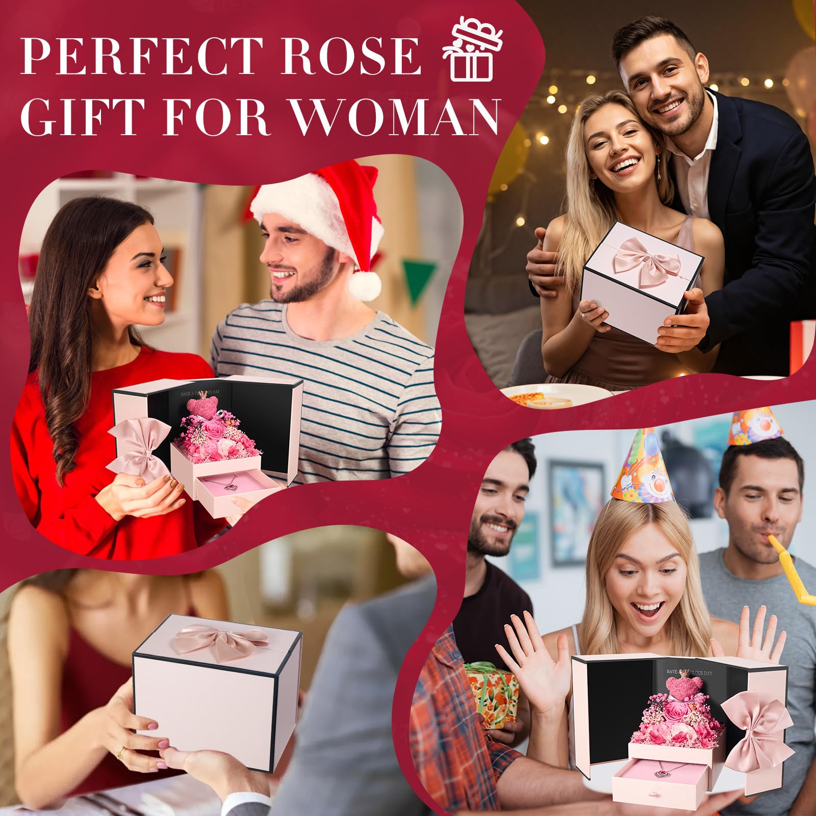 Rosa Eterna con Oso de Musgo para Mujeres, Flores Natural Preservada con Collar, Regalos de San Valentin Originales para Mujer Mama Novia, Caja Regalo Dia de la Madre, Aniversario, Cumpleaños, Navidad
