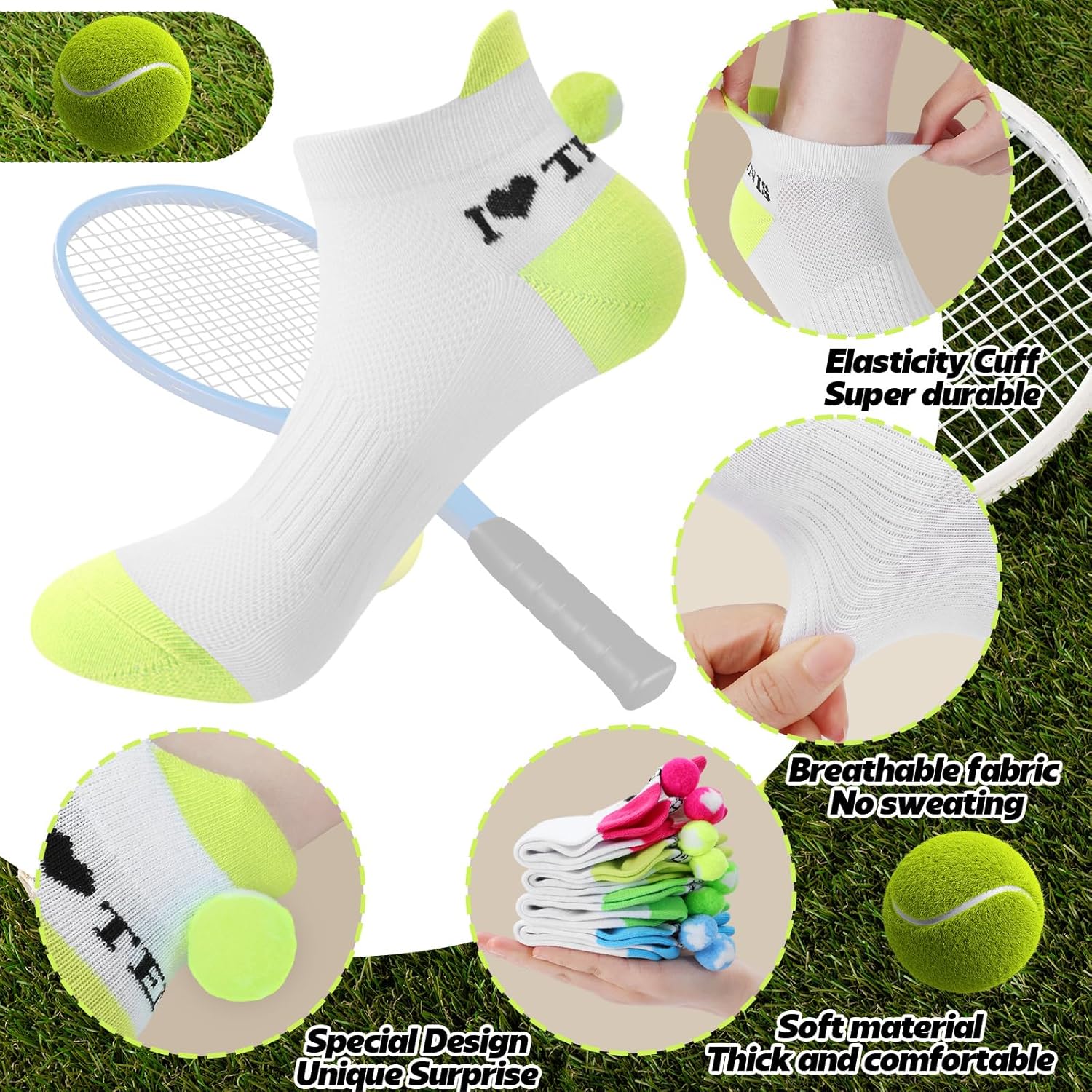 Tennis Socks for Women Novelty Ankle Socks with Tennis Ball Pom pom Sports Lovers Gifts for Women Girls - Image 4