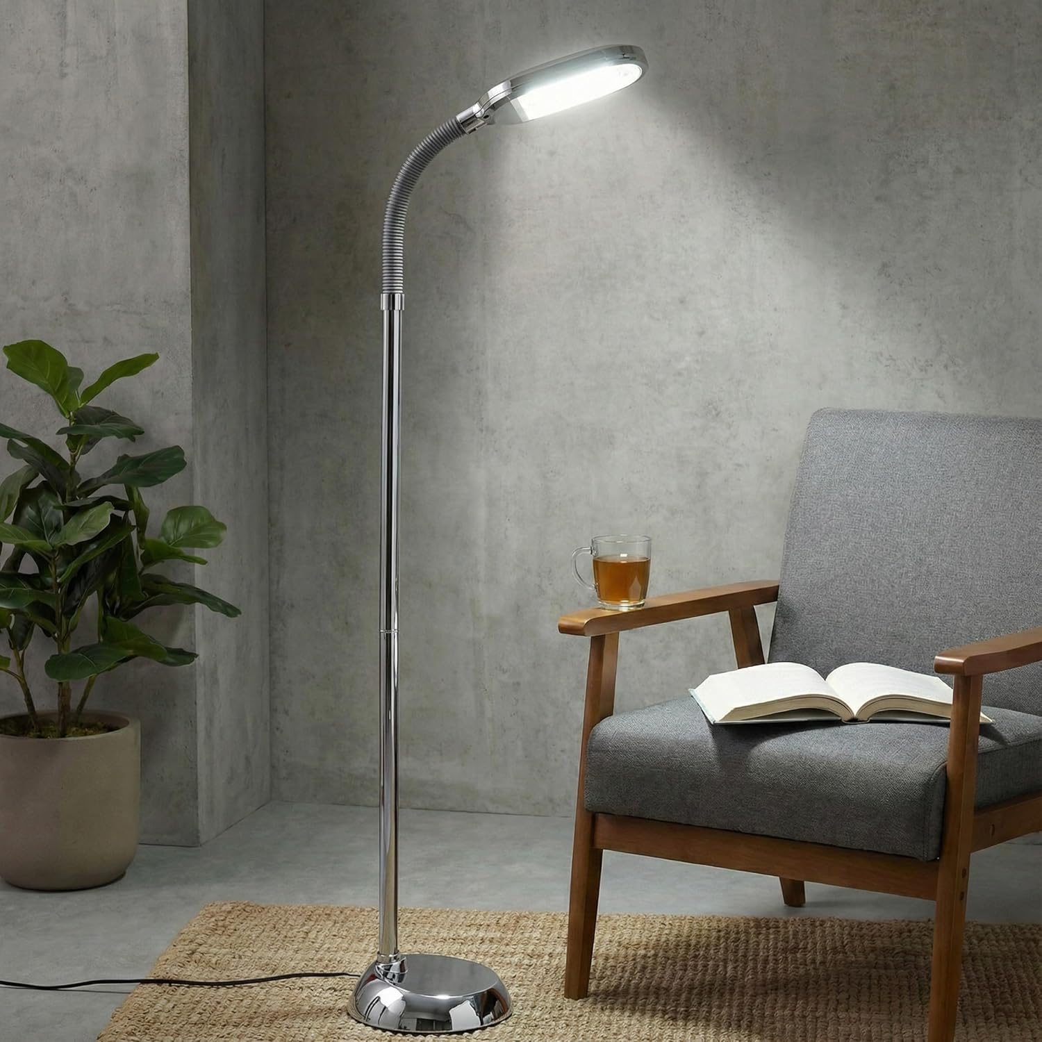 Adjustable Floor Lamp - Full Spectrum Natural Sunlight Lamp with Bendable Neck - Dimmable Light for Bedroom or Living Room by Lavish Home (Chrome)