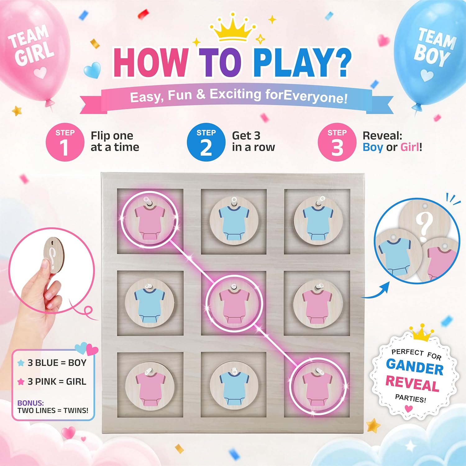 HonuGoGo Gender Reveal Tic Tac Toe Game, Cardboard Board with 10 Game Discs | 11 x 11 in Board with 10 Flip-to-Reveal Boy or Girl Discs - Gender Reveal Tic Tac Toe Game for Baby Showers & Parties
