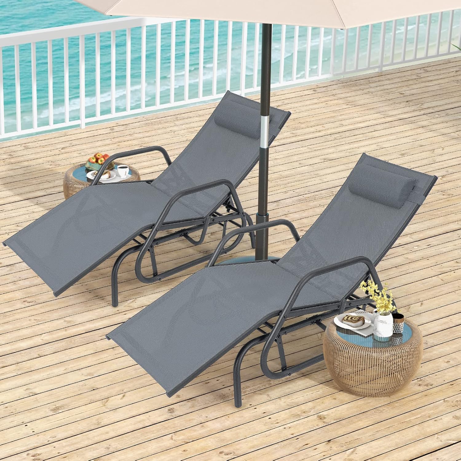 Tangkula Outdoor Glider Recliner Chair, Adjustable Backrest Patio Gliding Lounger Chair with Armrests and Pillow, Outdoor Swinging Rocking Chair with Breathable Fabric for Poolside, Backyard (1, Grey)