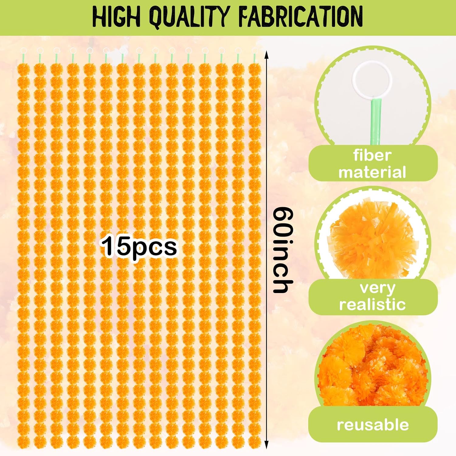 Giegxin 15 Pack Marigold Garland for Decoration 5 ft Long Strands Faux Artificial Marigold Flowers for Dia De Los Muertos Diwali Indian Wedding Party Decorations(Light Orange)