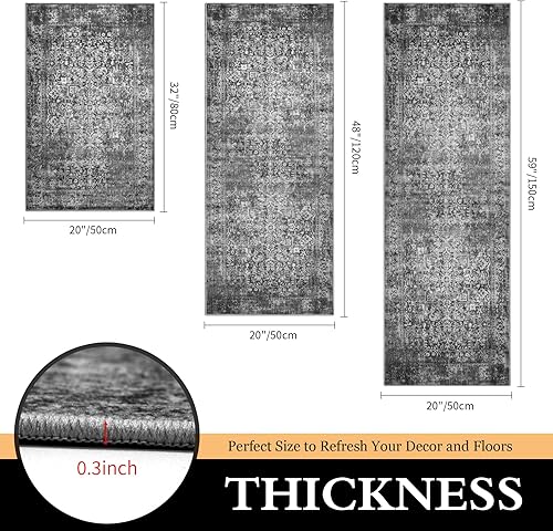 Miniatura 3 de MATBAR Juego de 3 tapetes de cocina antideslizantes y lavables para piso, juego de 3 piezas de tapetes de cocina negros, alfombras bohemias