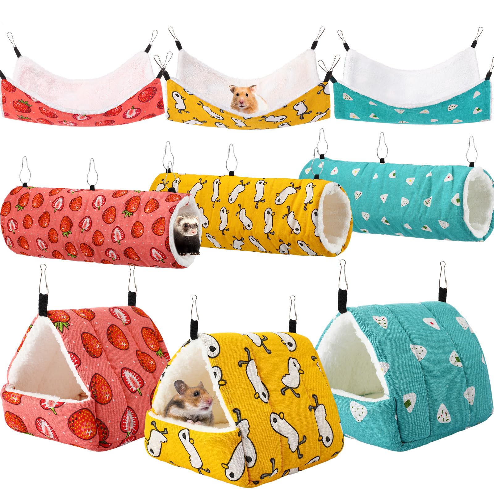 Abbylike 9 piezas de hamaca colgante para rata, conejillo de indias, accesorios de jaula de hurón para mascotas pequeñas, túnel, cueva, litera colgante, hamster, accesorios de juguete para hurón