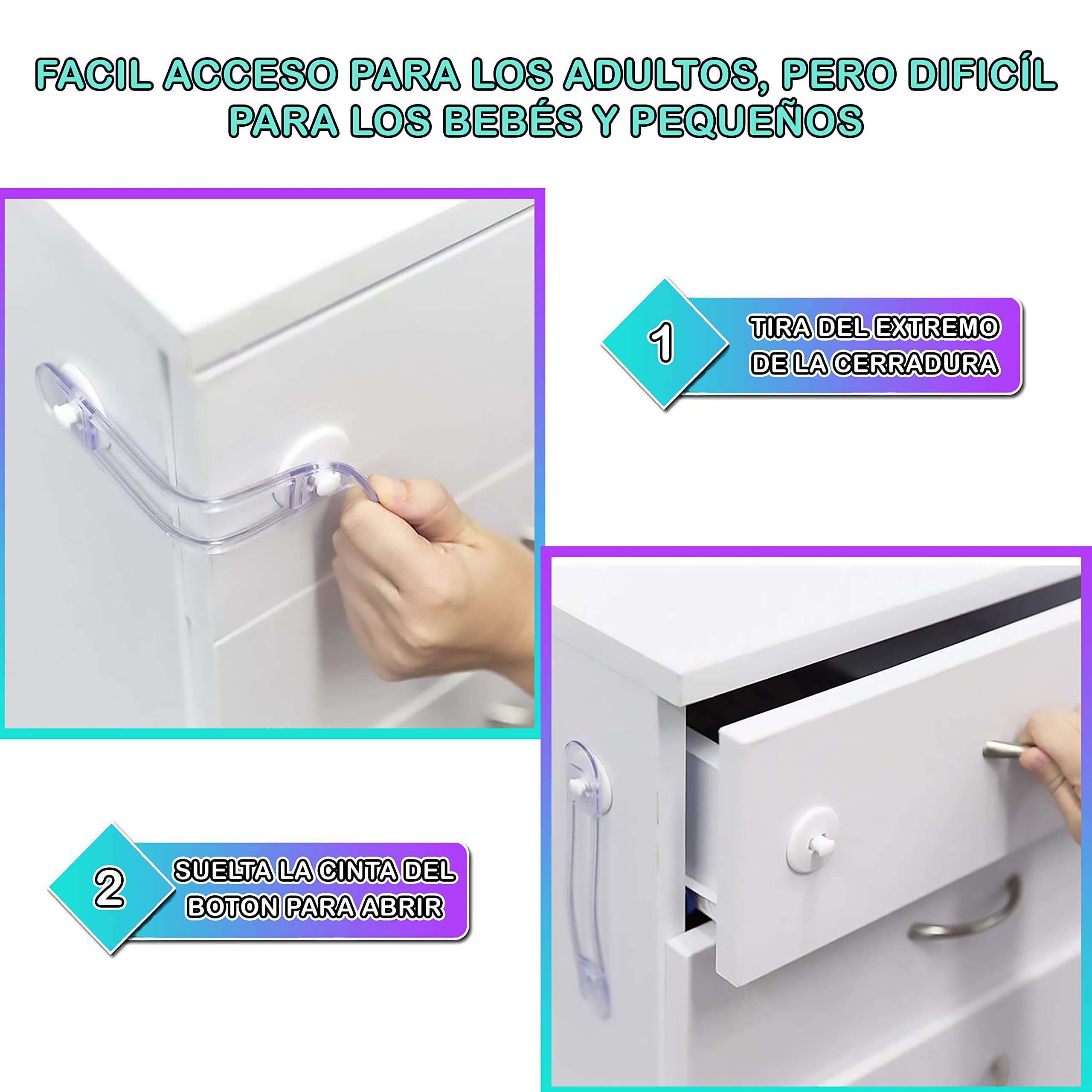 [8 unità] Serrature trasparenti di sicurezza per neonati, blocco con adesivo 3M, chiusure per armadi, cassetti, WC, cucine, porte, finestre, frigoriferi [pestelli trasparenti]