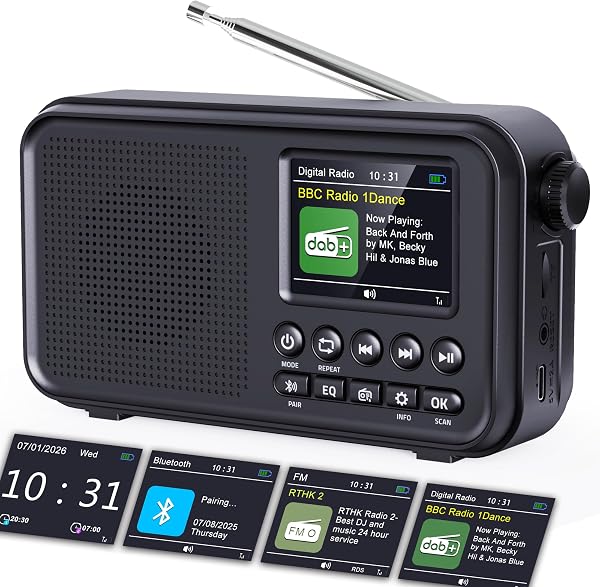 ROCAM DAB Radio Portable with Bluetooth 5.0 & Hi-Fi Speaker, 3000mAH Rechargeable Battery Radio, Mains Powered Digital Radio, 2.4" Display, 40 Presets Stations, Dual Alarms, TF Card Support, EQ Modes - 1