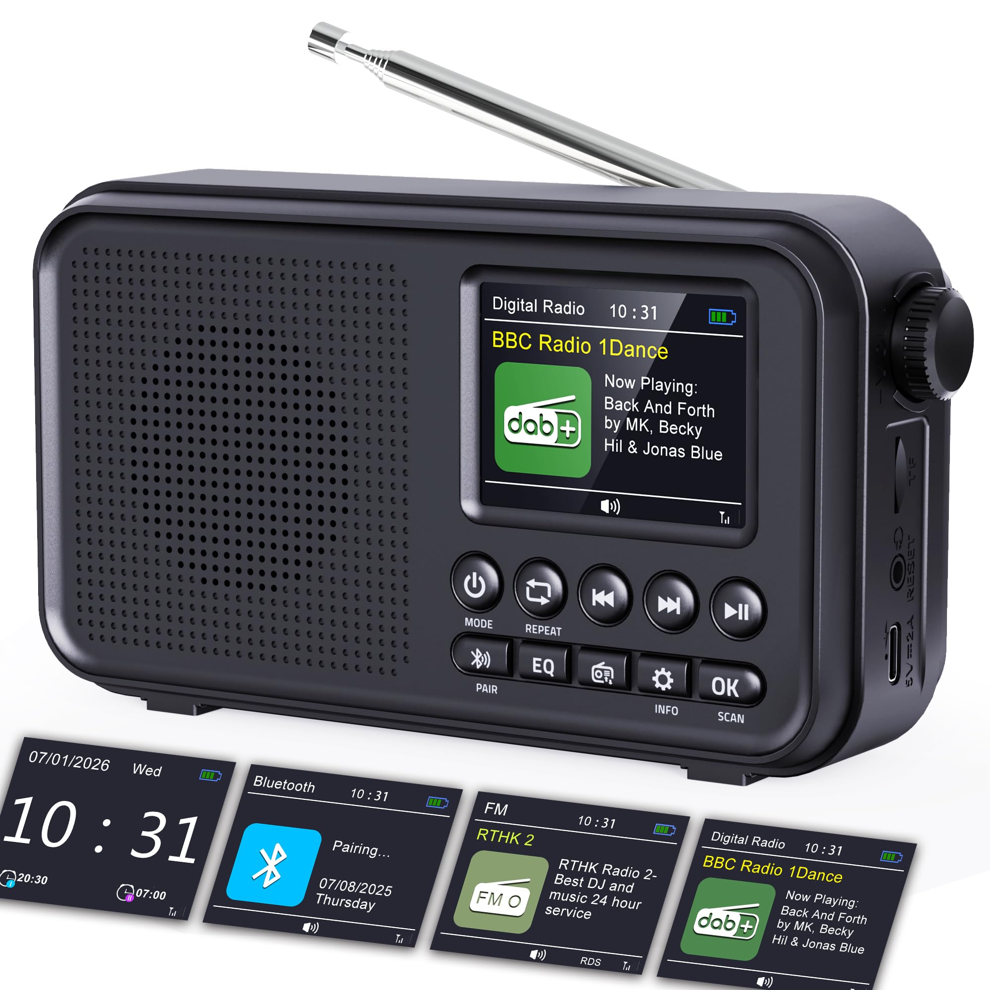 ROCAM DAB Radio Portable with Bluetooth 5.0 & Hi-Fi Speaker, 3000mAH Rechargeable Battery Radio, Mains Powered Digital Radio, 2.4" Display, 40 Presets Stations, Dual Alarms, TF Card Support, EQ Modes