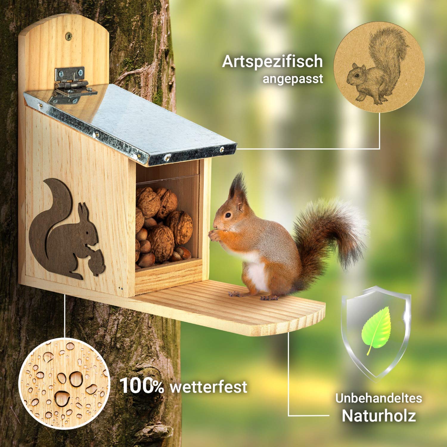 Mangiatoia per scoiattoli da Giardino, casetta in Legno per scoiattolini, Accessori per scoiattoli, 24.5x11x29 cm
