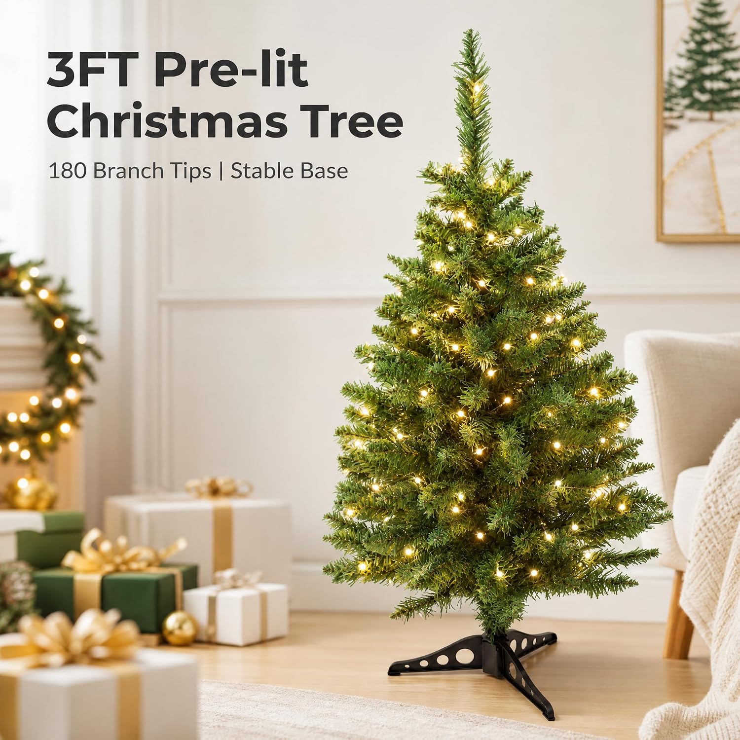 3FT Small Christmas Tree with Lights，Battery Operated