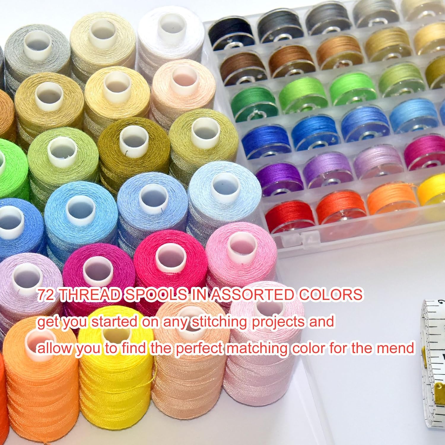 72Pcs 36 Colors Prewound Bobbins and 36 Sewing Thread Spools for Hand & Machine Sewing, Emergency and Travel, DIY and Home, 36 Colors 410 Yards per Polyester Thread Spools