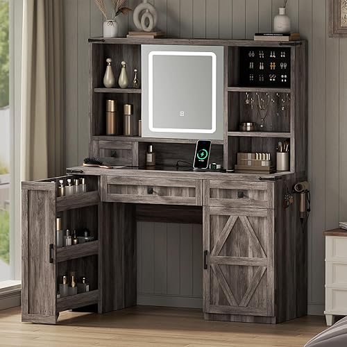 Miniatura 10 de Tocador de maquillaje estilo granja con luces y espejo deslizante, mesa de tocador con superficie de cristal y estación de carga, almacenamiento