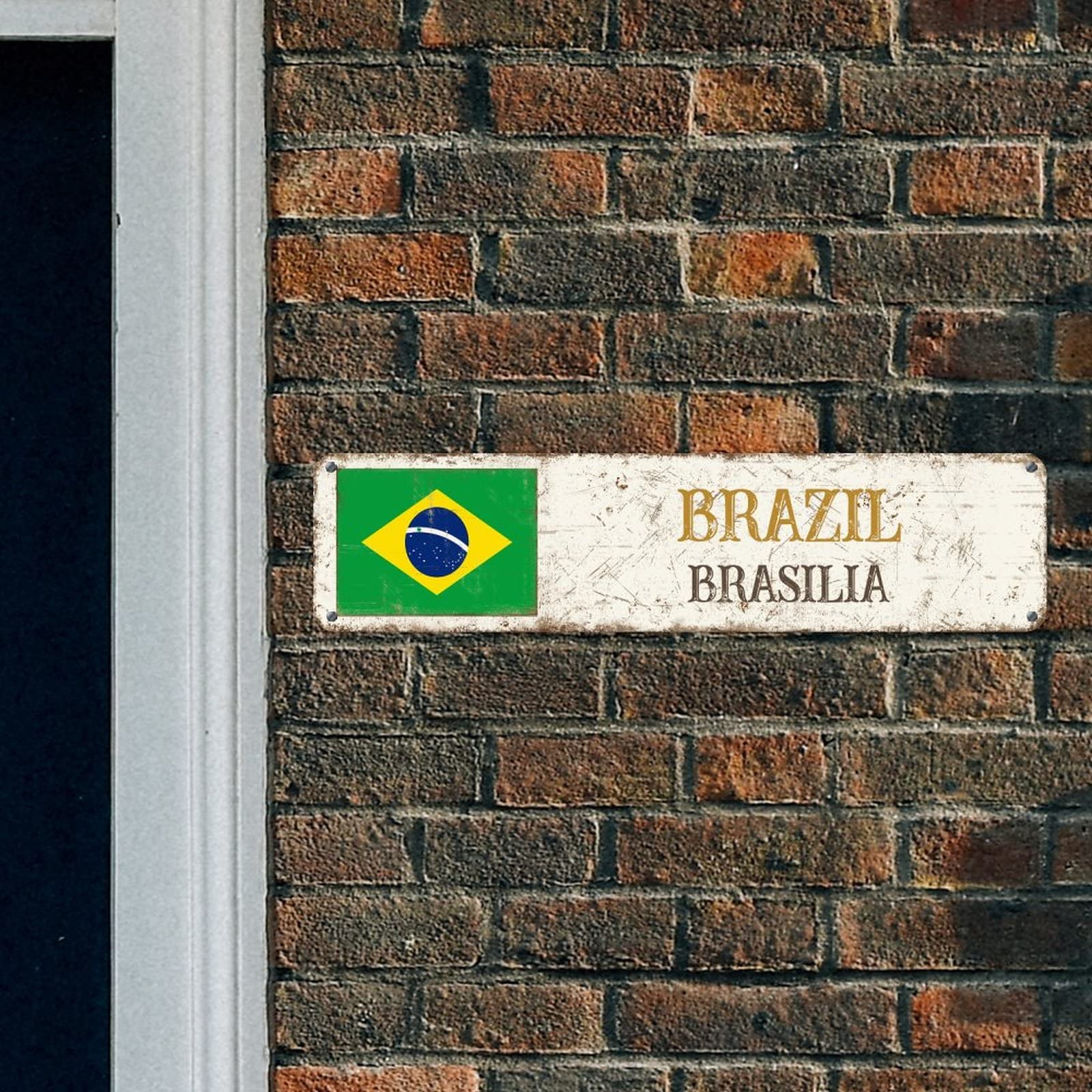 Metallschild Brasilien-Flagge – Vintage, 30x8 Cm & Mit Vorgebohrten Löchern