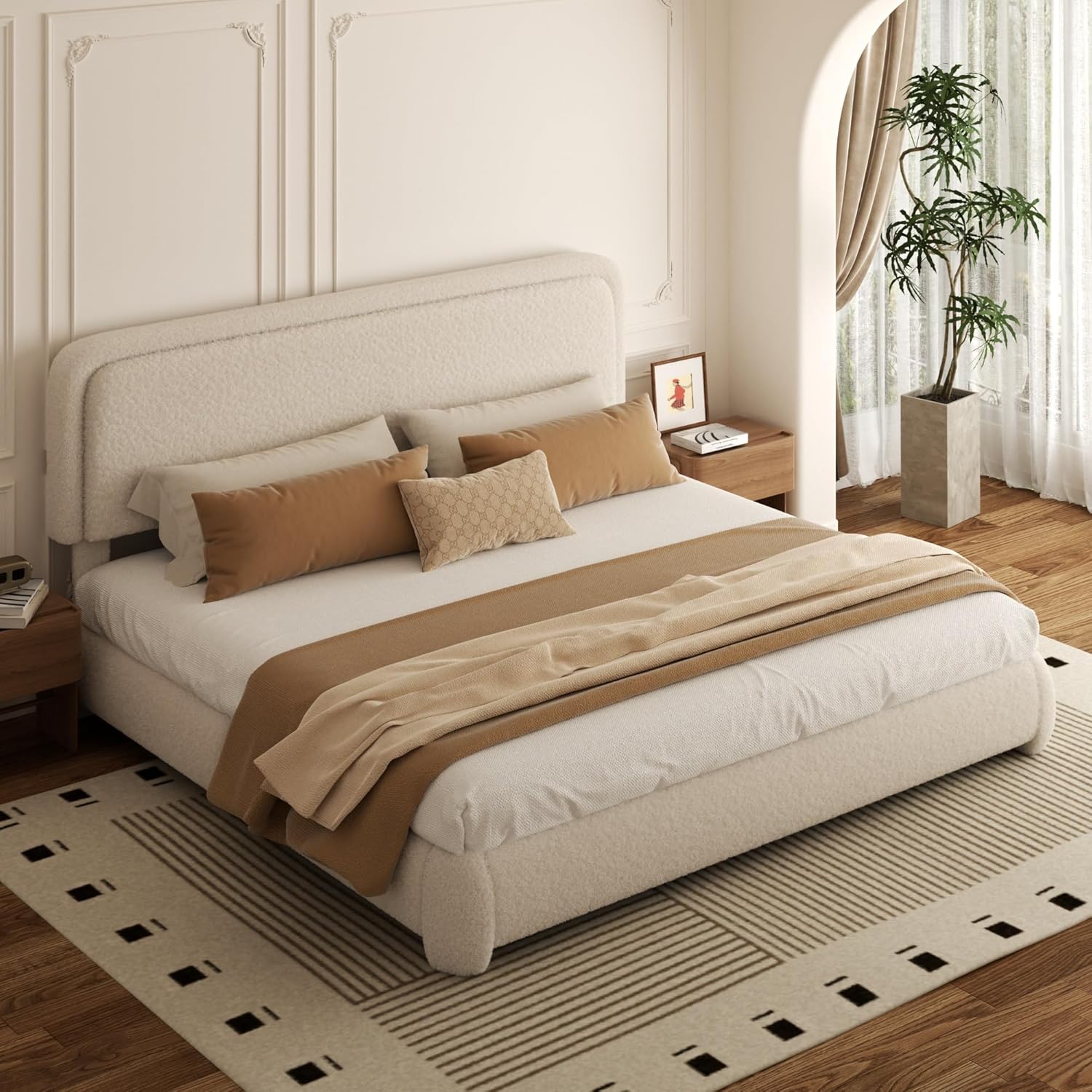 King Bed Frame, Teddy Velvet Boucle Bed Frame with 43.3"/45.3" Adjustable Upholstered Headboard, Rounded Corners, Mattress Foundation, No Box Spring Required, Beige