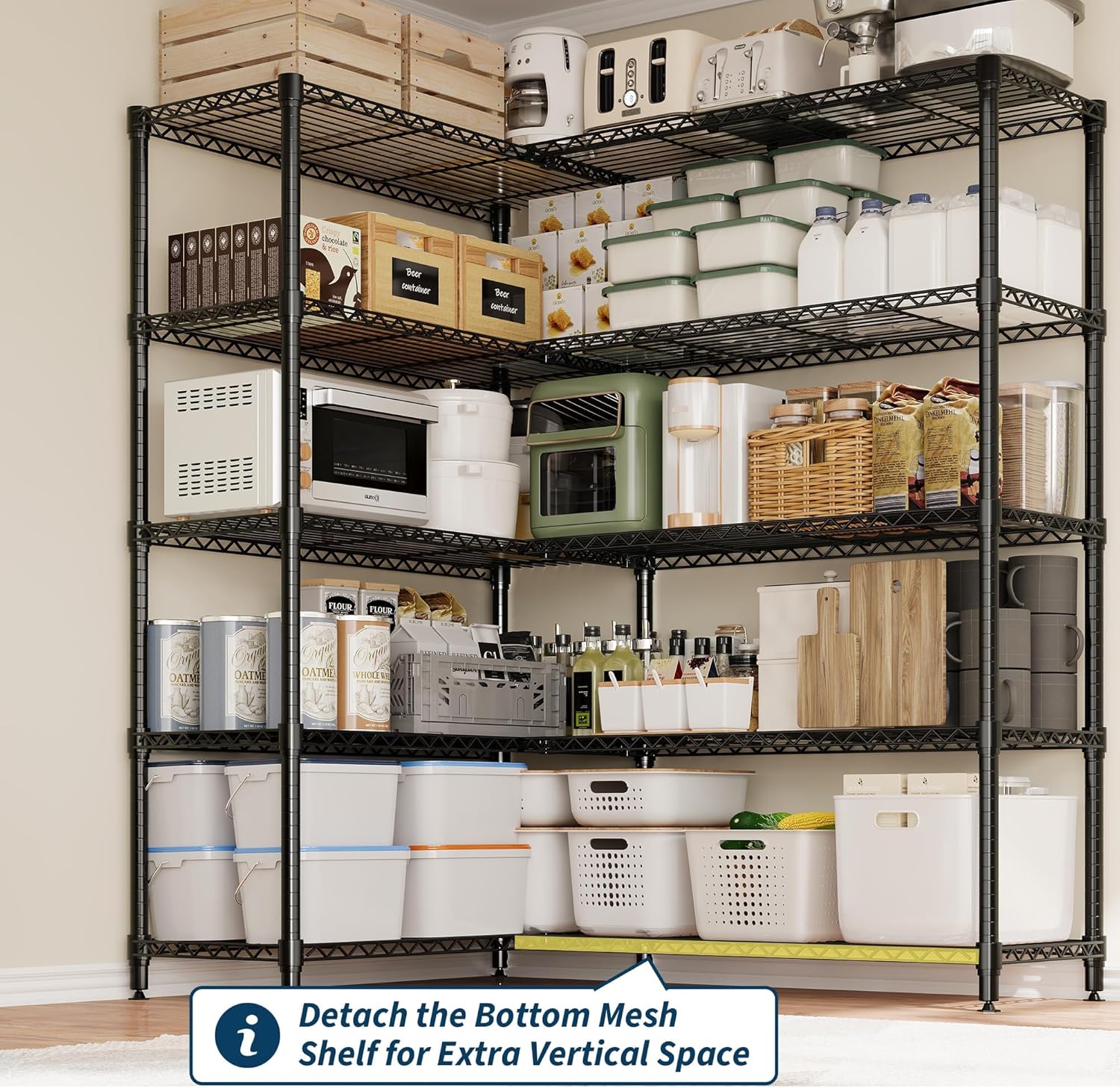 5-Tier Metal Storage Shelves, Adjustable Wire Shelving Unit for Garage, Pantry, Basement & Kitchen, Heavy-Duty Shelf Organizer with Double-Row Design, 59" w x 13.8" d x 70.5" h, 265 Lbs Per Tier