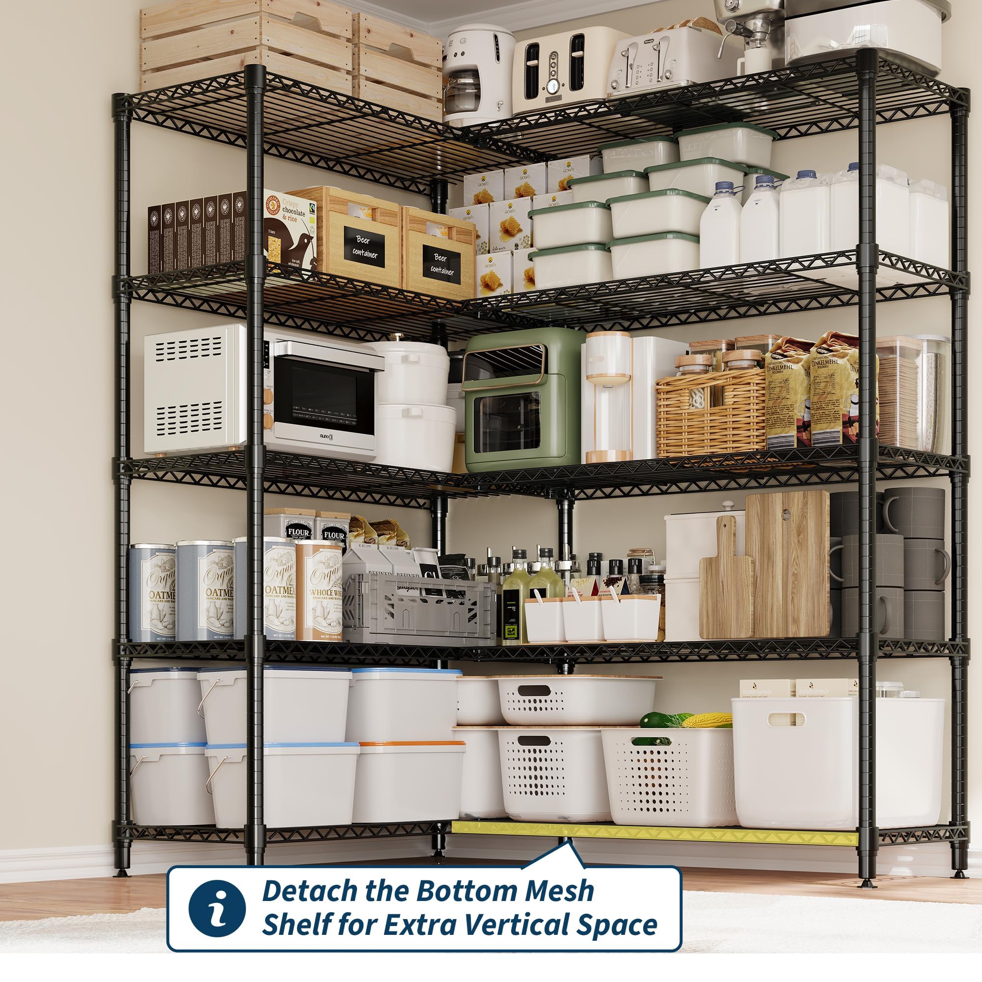 Garvee Estantería Metálica de 5 Niveles de Acero al Carbono, Doble Fila de 40 cm de Fondo, 180x40x180 cm, 100 kg por Nivel y 500 kg Totales, Altura Regulable para Cocina Garaje y Despensa, Negro