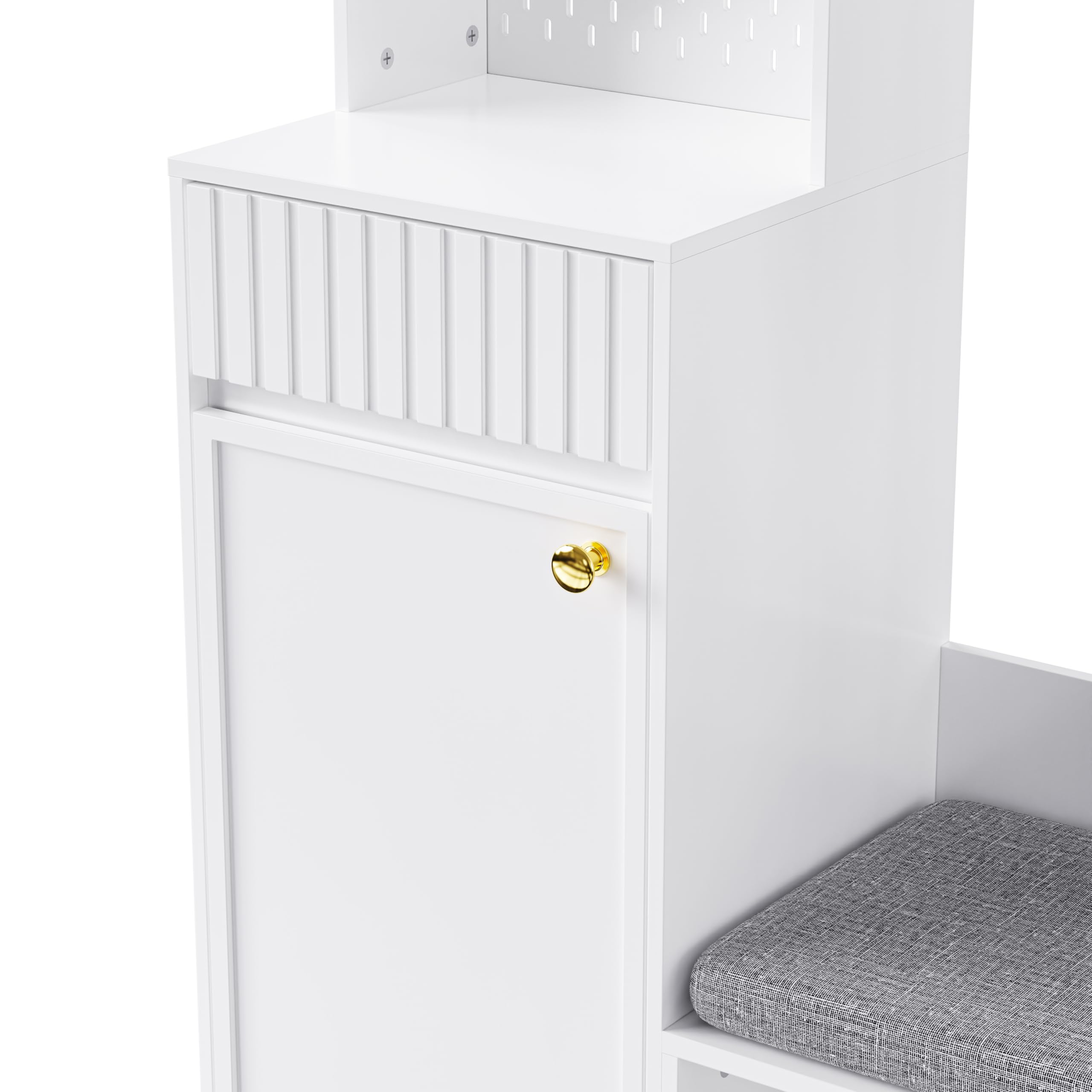 SogesHome Garderobenset mit Sitzbank, 4 Haken, Schubladen, Türen & Lochwand Flurgarderobe Weiß für Eingangsbereich 100 x 180 x 35 cm