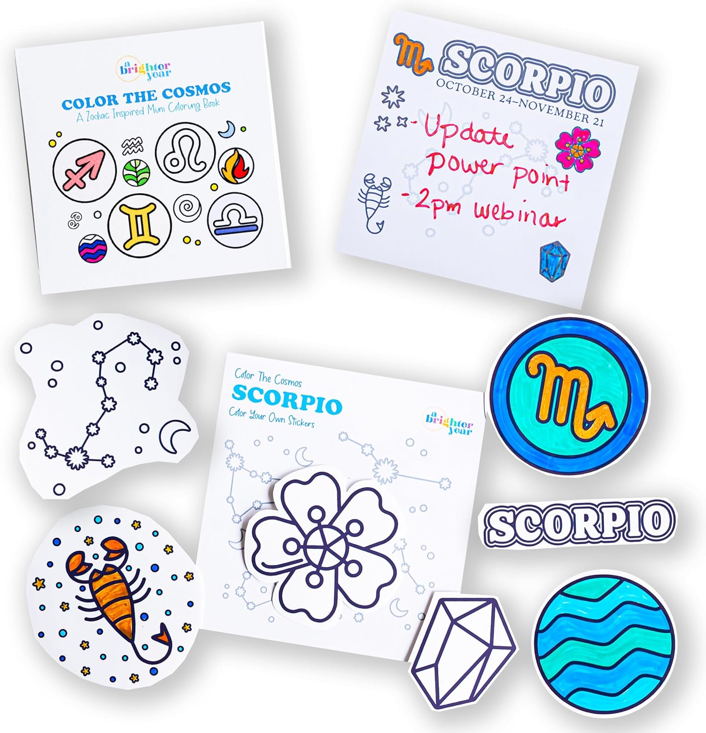 A Brighter Year Large Color The Cosmos Virgo Bundle - Adult Mini Coloring Book (3" x 3" - 50 Pages), Post It Notes (50-3” x 3”), Stickers, & Gel Pens - Stress Relief, Mindfulness, Gift, Travel