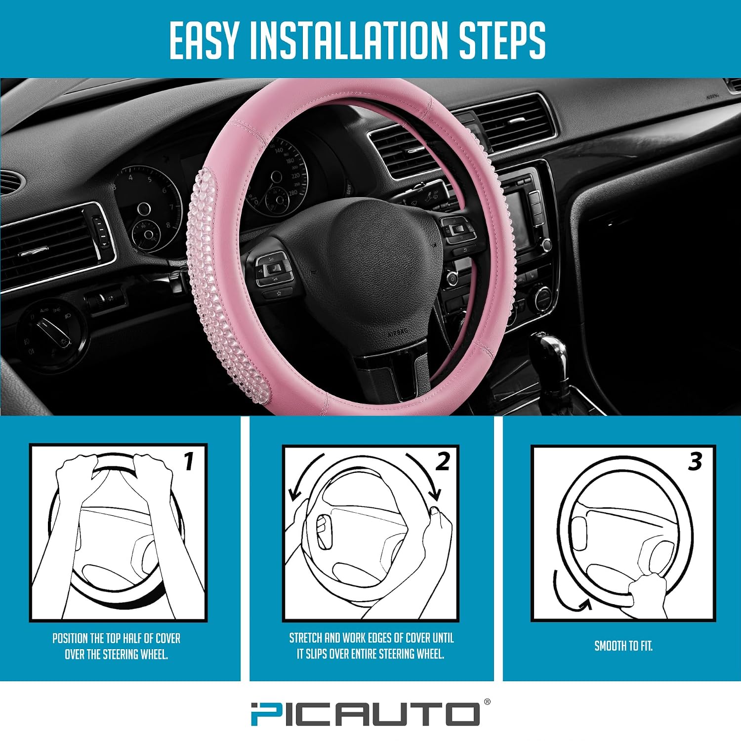 PIC AUTO Steering Wheel Cover, Glitter Gel Particles & Pink Luxury Leather Car Steering Cover, Universal Fit 14.5"-15.5" Anti-Slip Car Wheels Cover for Girls & Women