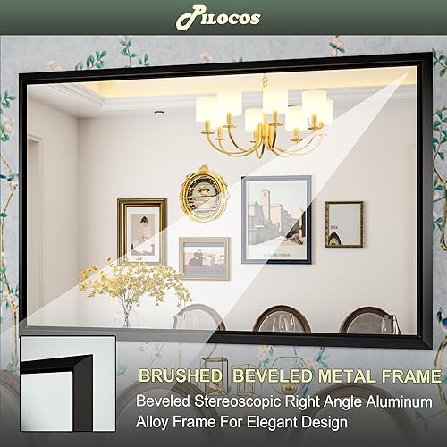 Miniatura 6 de Espejo de baño con marco de metal negro de 55 x 36 pulgadas para pared, espejo de tocador de baño negro mate, espejo rectangular grande,