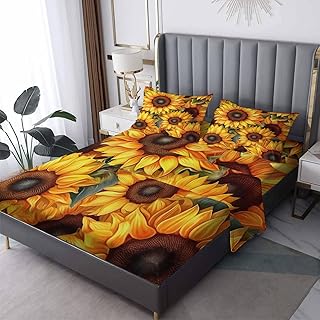 GEDAEUBA Sunflower Sheets Queen Sheet Set - Yellow Flower Bed Sheets for Kids Boys Girls, Yellow Floral Sheet Set with Deep Pocket Fitted Sheet, Soft Microfiber Wrinkle Free Bedding Set