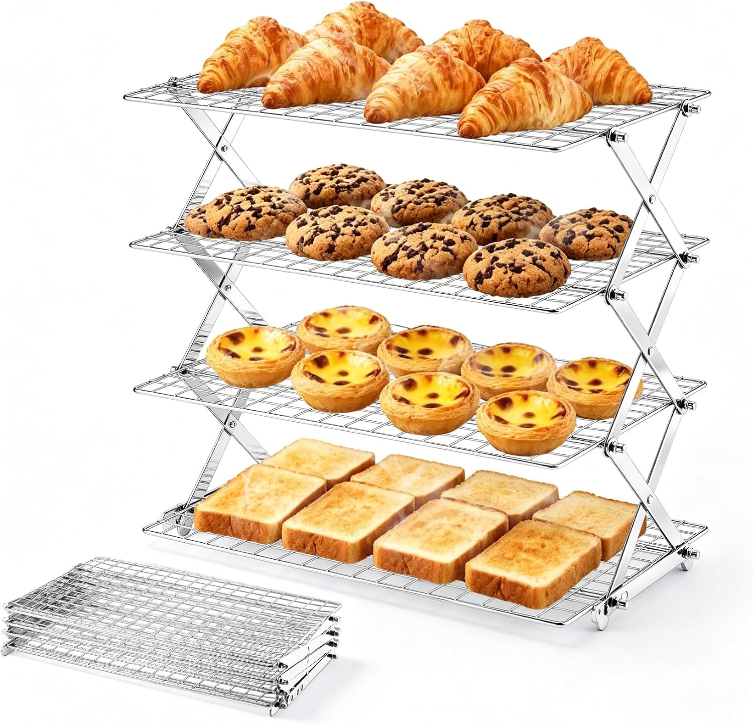 P&P CHEF 4 Tier Collapsible Cooling Racks, Stackable Bakers Rack,Black