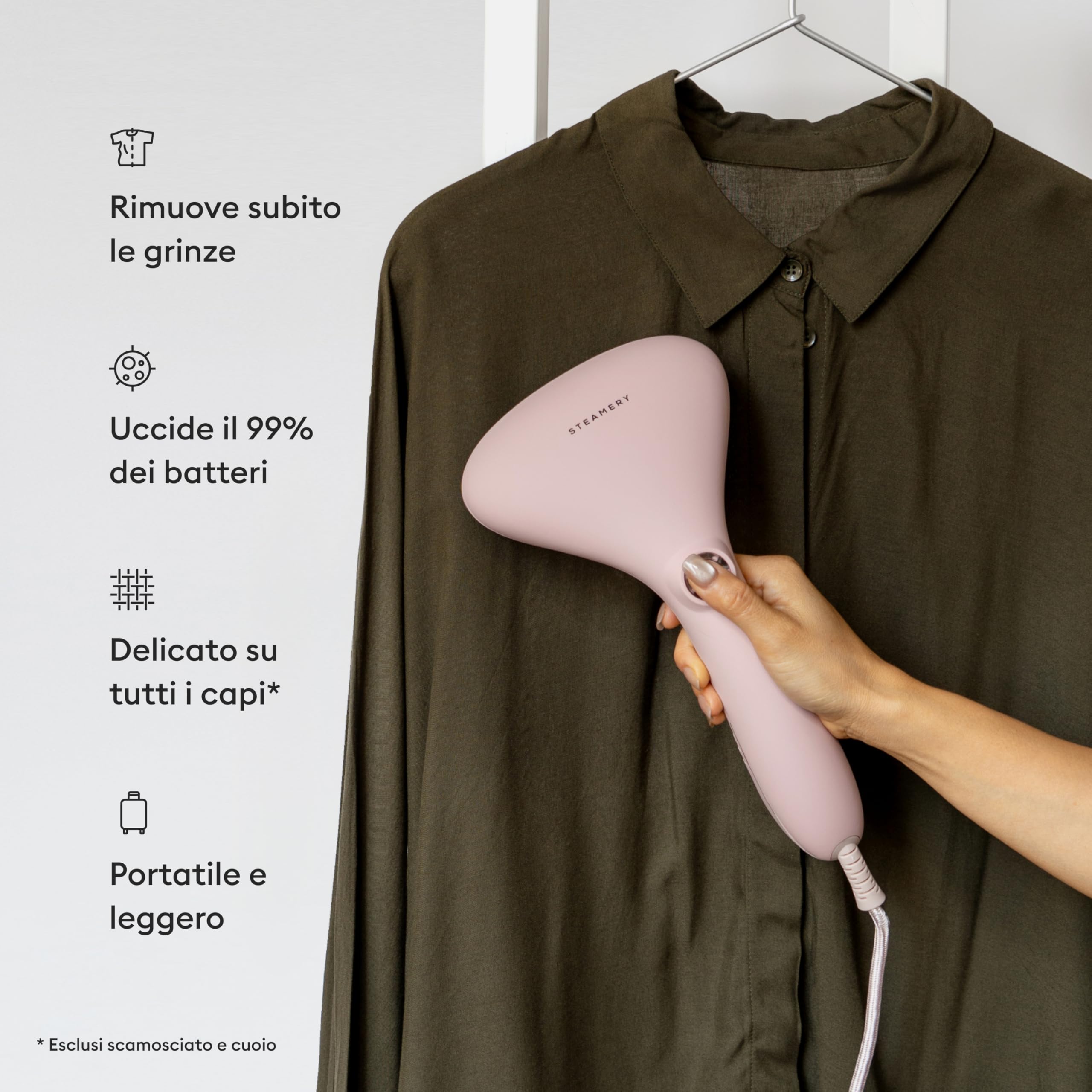 Steamery Ferro da stiro a vapore portatile Cirrus 2, 1500 W, emissione di vapore di 15 g/min, risultati senza grinze, riscaldamento in 20 secondi, portatile, ergonomico, design scandinavo, Rosa