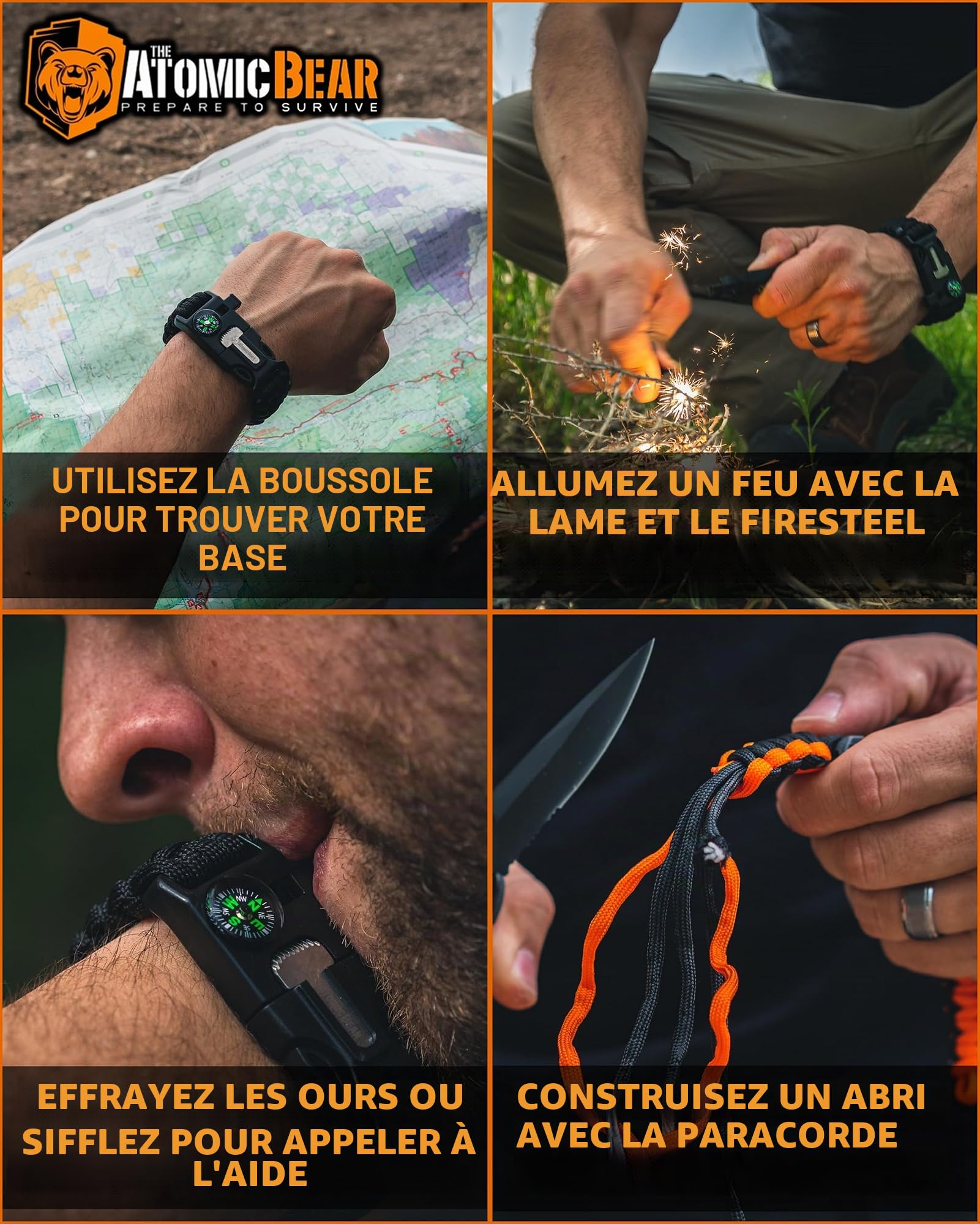 Lot de 2 bracelets de survie Cobra, Paracord + boussole + allume-feu + sifflet fort + couteau d'urgence, équipement de randonnée, de camping, de pêche, de chasse, noir + noir et orange