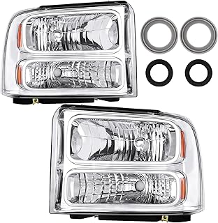 Headlight Assembly Compatible with 2005-2007 2005 2006 2007 05 06 07 Ford F250 F350 F450 F550 Super Duty/2005 Ford Excursion (Chrome Housing Amber Reflector)