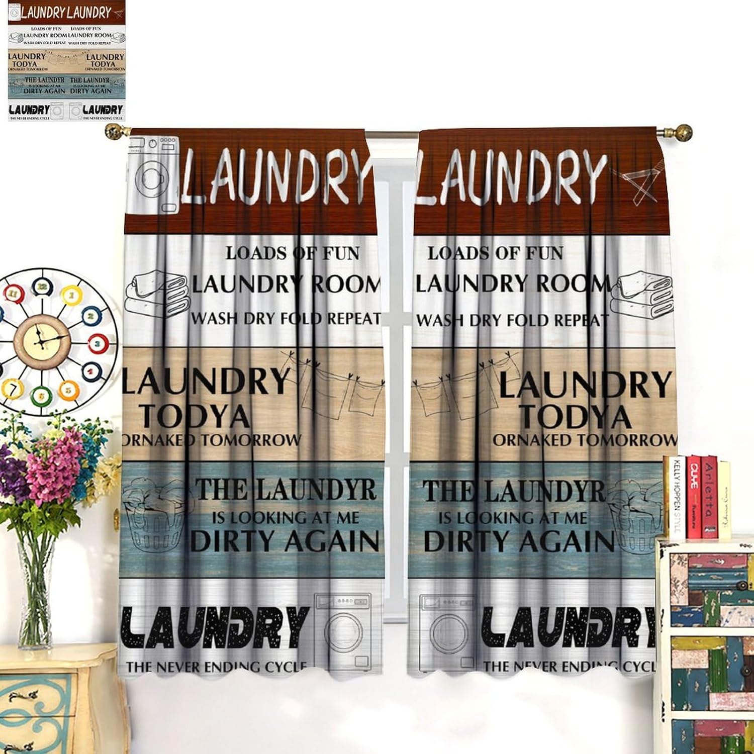Laundry Room Curtains, Rustic Wash Dry Fold Repeat Quotes Farm Planks Blackout Window Treatments, Rod Pocket Thermal Insulated Drapes 2 Panel Sets for Bedroom Living Room Kitchen, 42"W X 54"L