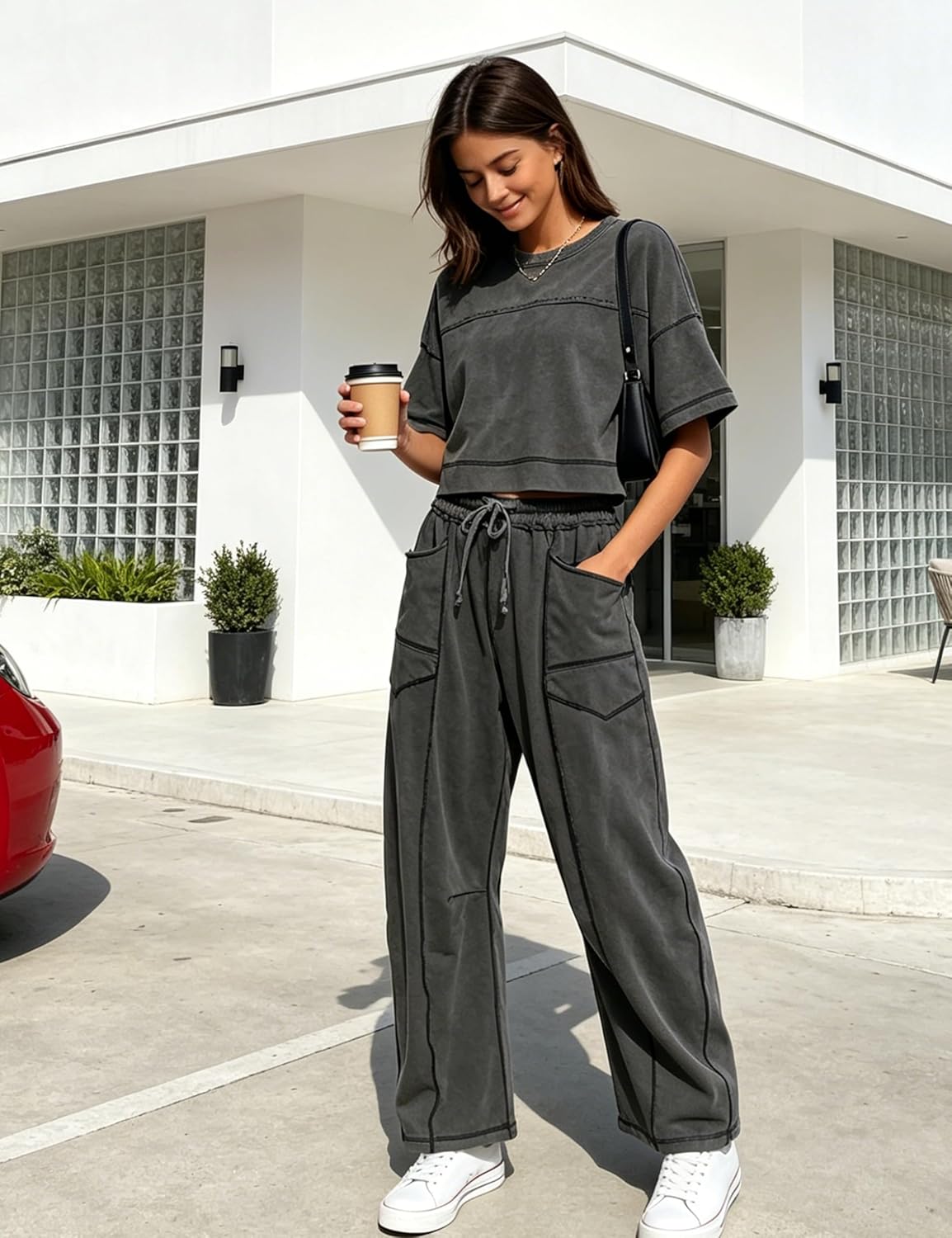 Majdan Two Piece Sets for Women Lounge Sets Summer Outfits Short Sleeve Tops Wide Leg Pants Casual Matching Sets