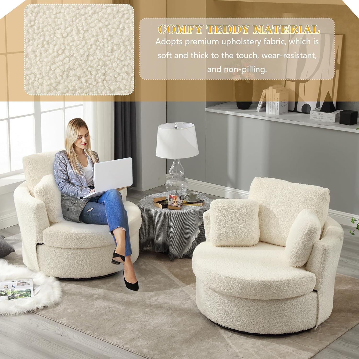 Swivel Barrel Chair, Modern Fabric Oversized 360 Degree Club Accent Arm Chairs, Single Round Living Room Sofa Chair w/ 3 Pillows for Nursery, Bedroom, Reading, Office, Ivory