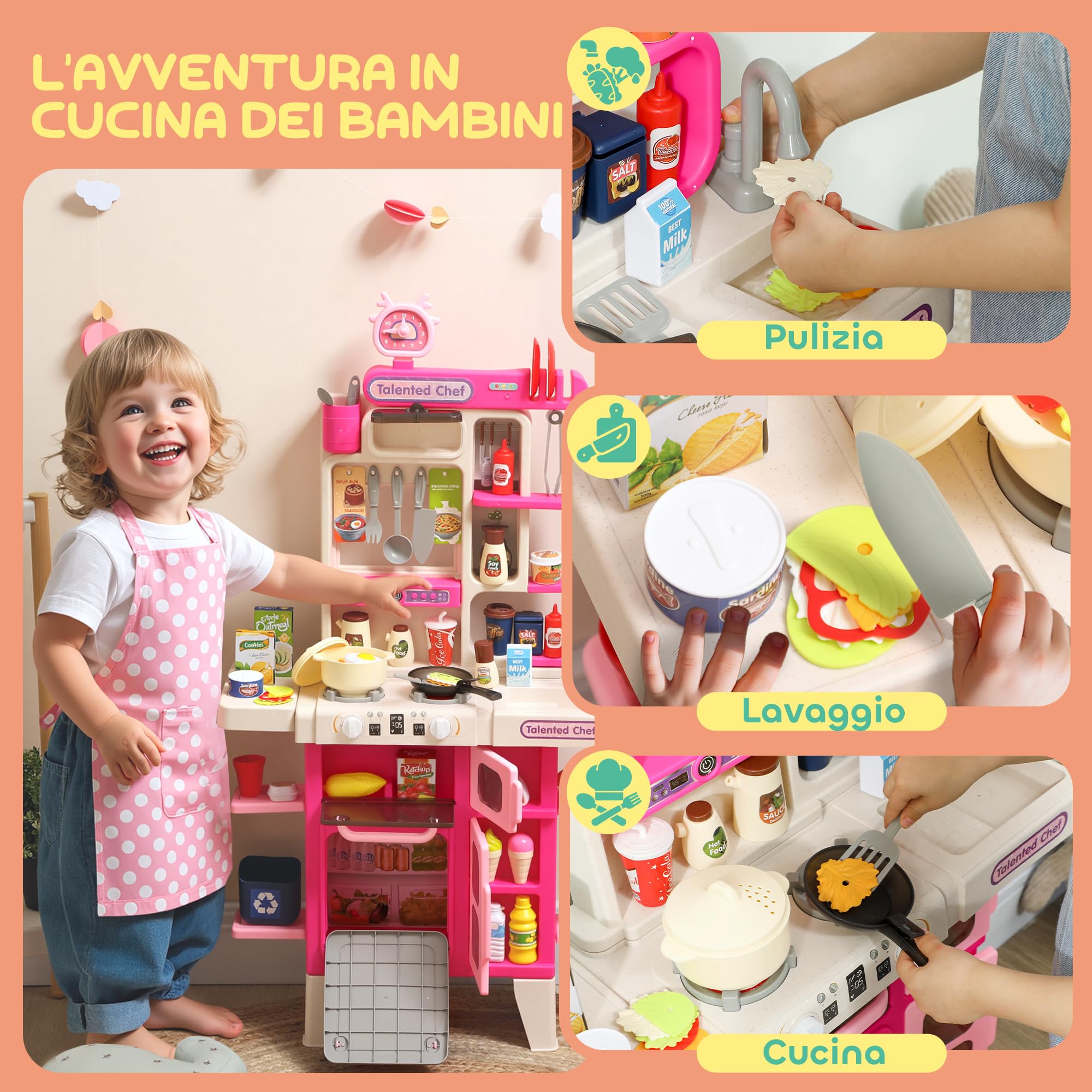 AIYAPLAY Cucina Giocattolo con 104 Accessori 3-6 Anni 52.5x22x100 cm Rosa | Suoni Realistici, Gioco per Bambini, in PP, PE e ABS
