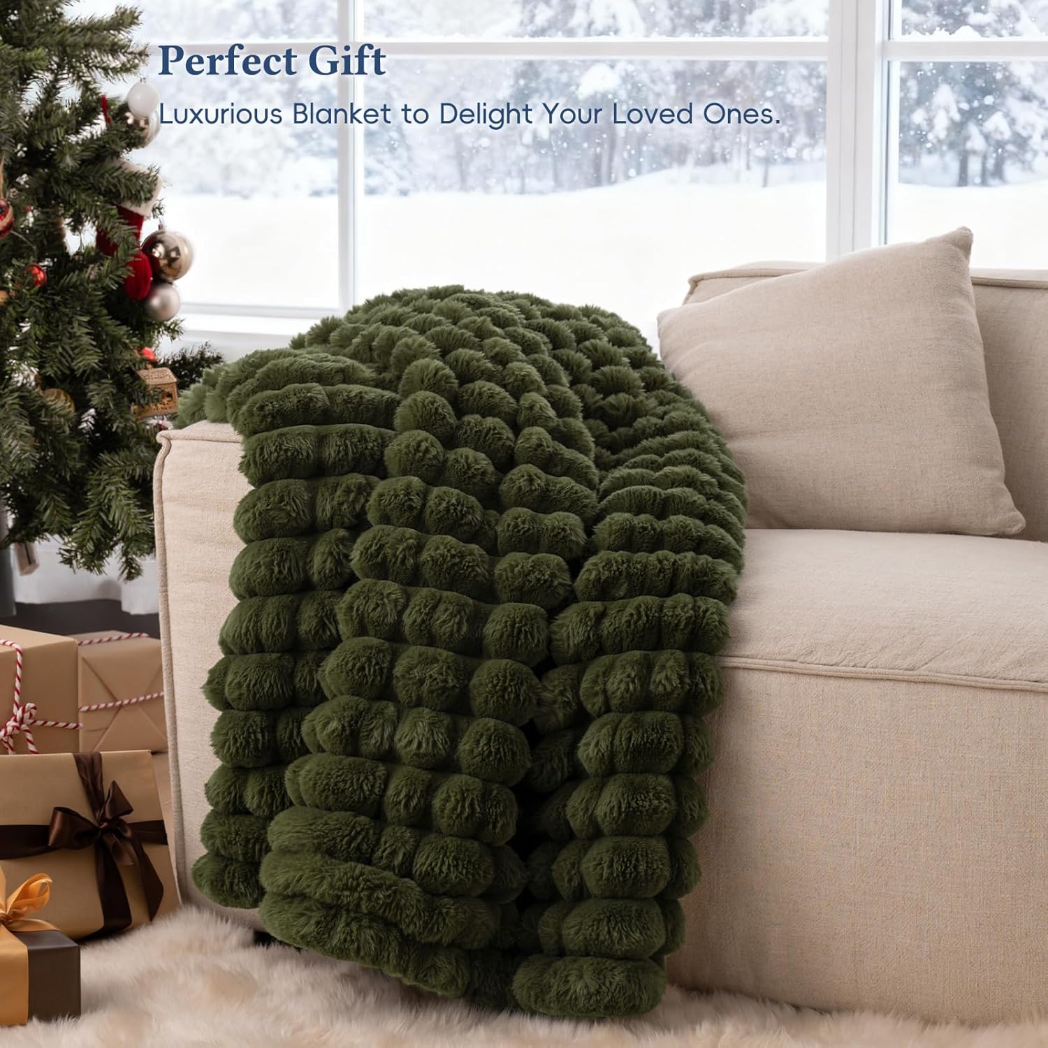 David's Home Reversible Faux Rabbit Fur Throw Blanket Twin Size, Luxury Soft Thick Shaggy Warm Fuzzy Bubble for Couch,Cozy Plush Fluffy for Fall Winter,Winter Moss,60 "* 80" - Image 7