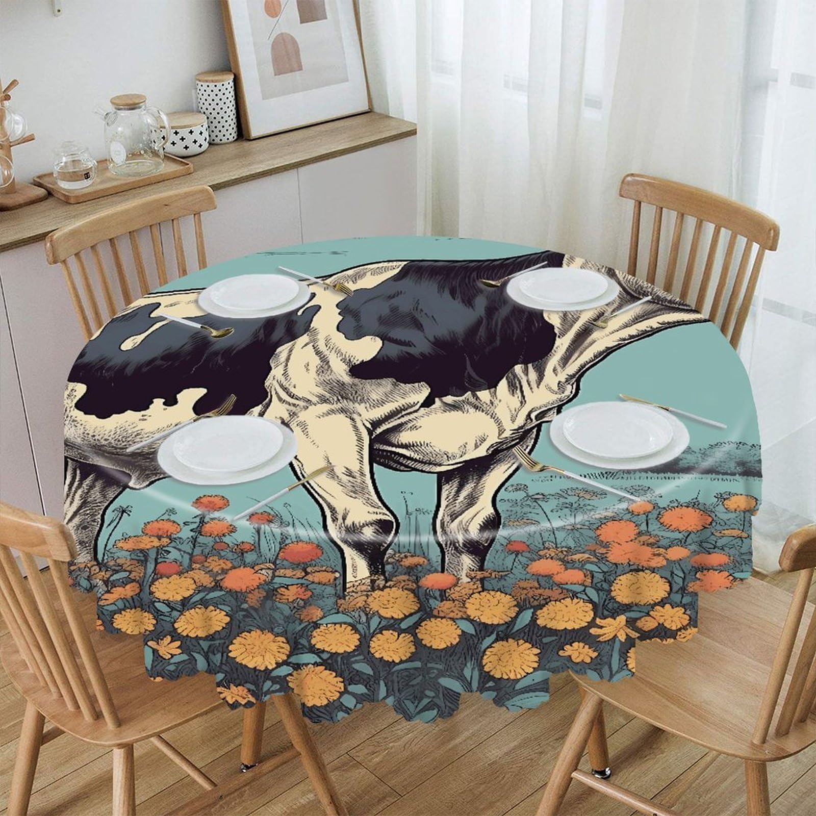 Btcowzrv Style Hand Drawn Cow Polyester Round Tablecloth 59.84 Inch, Decorative Washable Table Cover, Table Cloth For Restaurant Picnic Indoor And Outdoor Dining