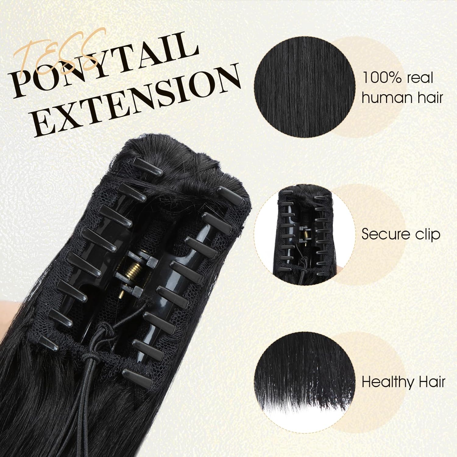 TESS Human Hair Claw Clip Ponytail Extension Real Remy Hair long ponytail extension for Women Straight, 16 Inch, Dark Black