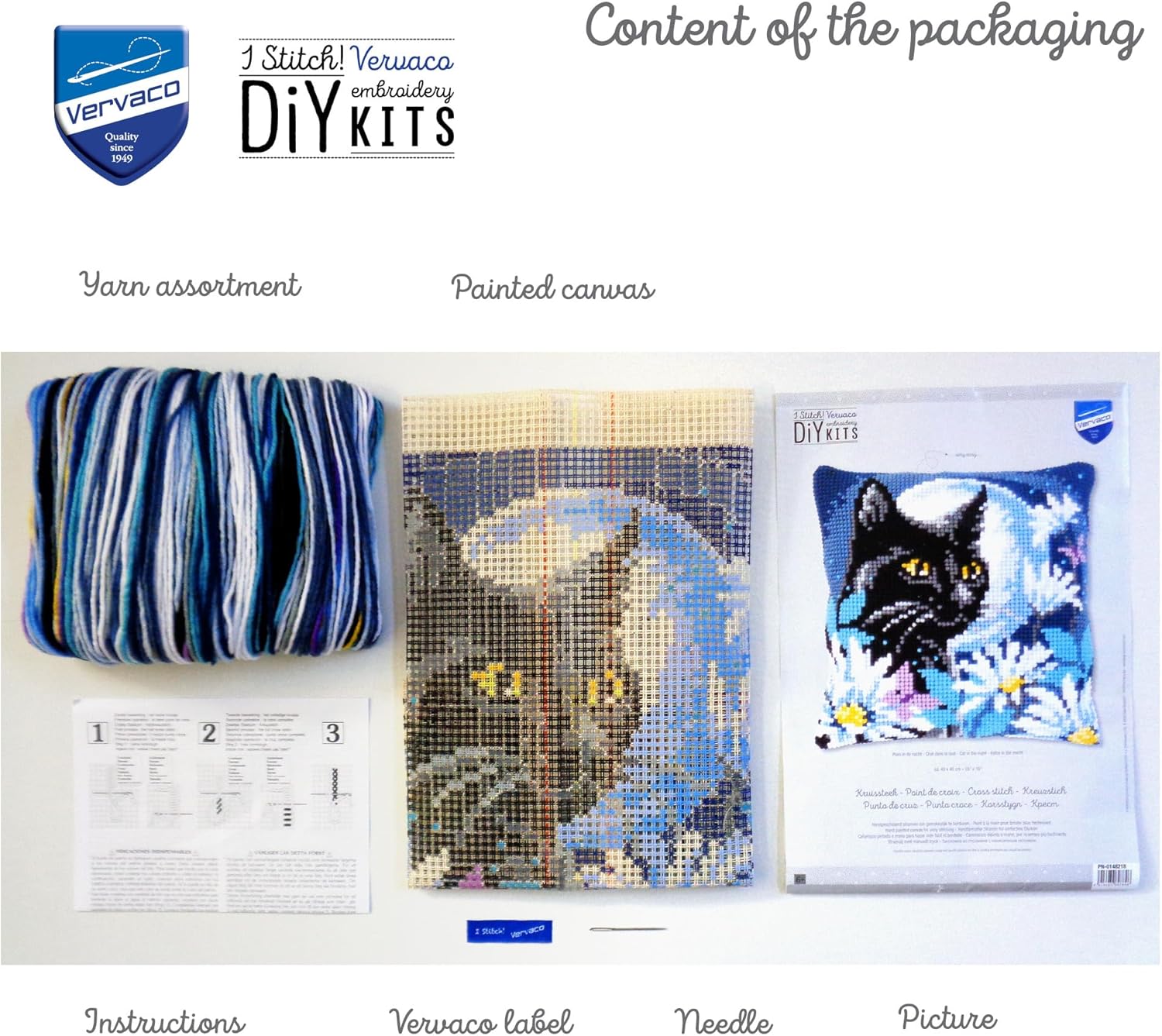 Vervaco Cross Stitch Embroidery Kits Pillow Front for Self-Embroidery with Embroidery Pattern on 100% Cotton and Embroidery Thread, 15,75 x 15,75 Inches - 40 x 40 cm, Night Cat