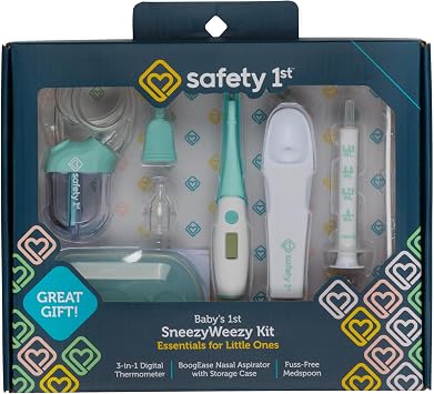 Safety 1st Babys 1st SneezyWeezy Kit, BoogEase Nasal Aspirator, 3-in-1 Digital Thermometer, Fuss Free Medspoon, Infant Healthcare Set, Easy-Clean Snot Sucker, Medicine Feeding Spoon
