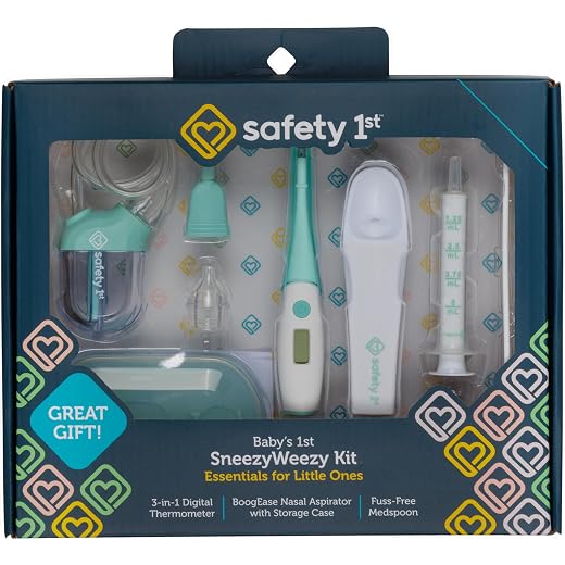 Safety 1st Baby’s 1st SneezyWeezy Kit, Sick Baby Essentials, BoogEase Nasal Aspirator, 3-in-1 Digital Thermometer, Medspoon, Infant Set, Easy-Clean, Medicine Feeding Spoon