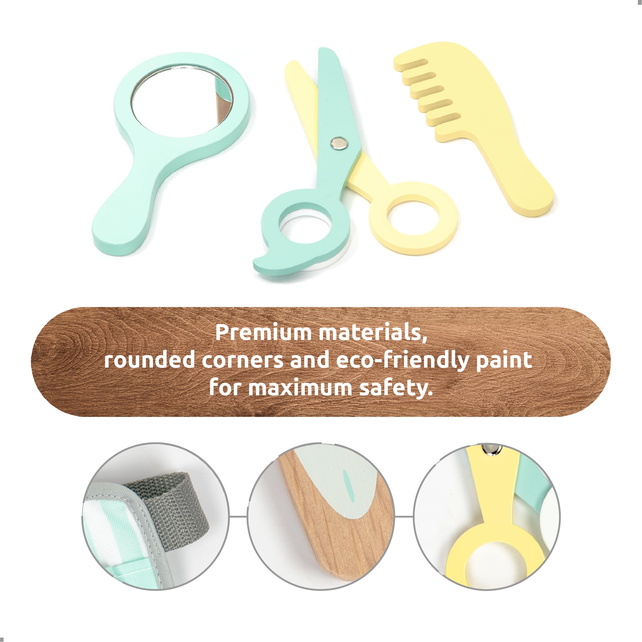 UMU® Wooden Hairdresser Play Set for Kids with Tool Bag, Includes Hairdressing Collar, Scissors, Hair Straightener - Image 2