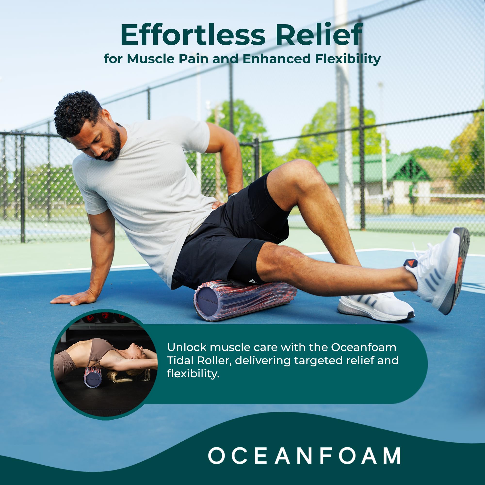 Oceanfoam Tidal Roller - Rodillo de espuma para masaje muscular para dolor de espalda y estiramiento, textura de onda ancha, diseño ergonómico, yoga y atletismo, tamaño completo, 20 x 5 pulgadas, rojo